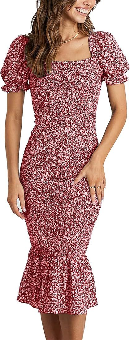 PRETTYGARDEN Women's Summer Floral Midi Bodycon Dresses Short Puff Sleeve Square Neck Ruffle Hem ... | Amazon (US)