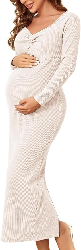 2023 Ribbed Knit Maternity Dress Sweater Twisted Front Bodycon Long Sleeves Fall Baby Shower Holi... | Amazon (US)