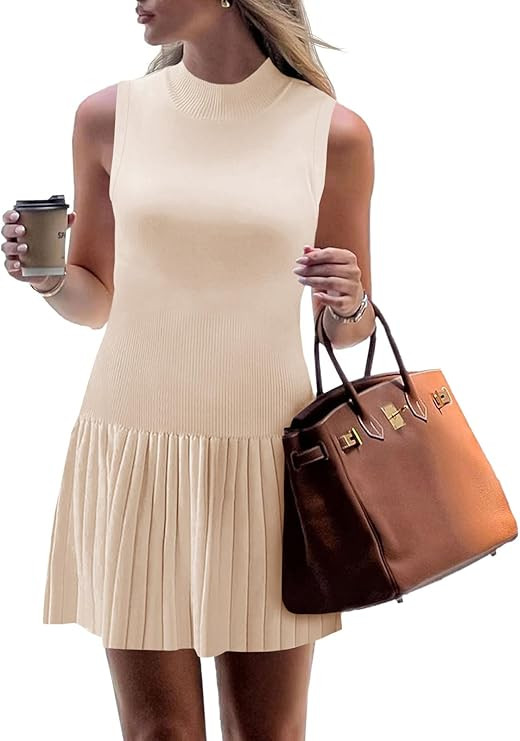 Wenrine Womens Sleeveless Summer Mini Dress Mock Neck Ribbed Knit Ruffle Pleated Casual Tank Dres... | Amazon (US)