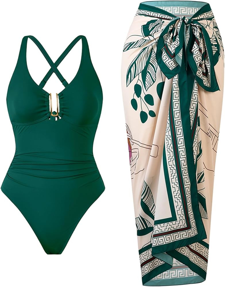 One Piece Swimsuit Women with Cover Up Set Retro Bathing Suit for Women Tummy Control Beach Wrap ... | Amazon (US)