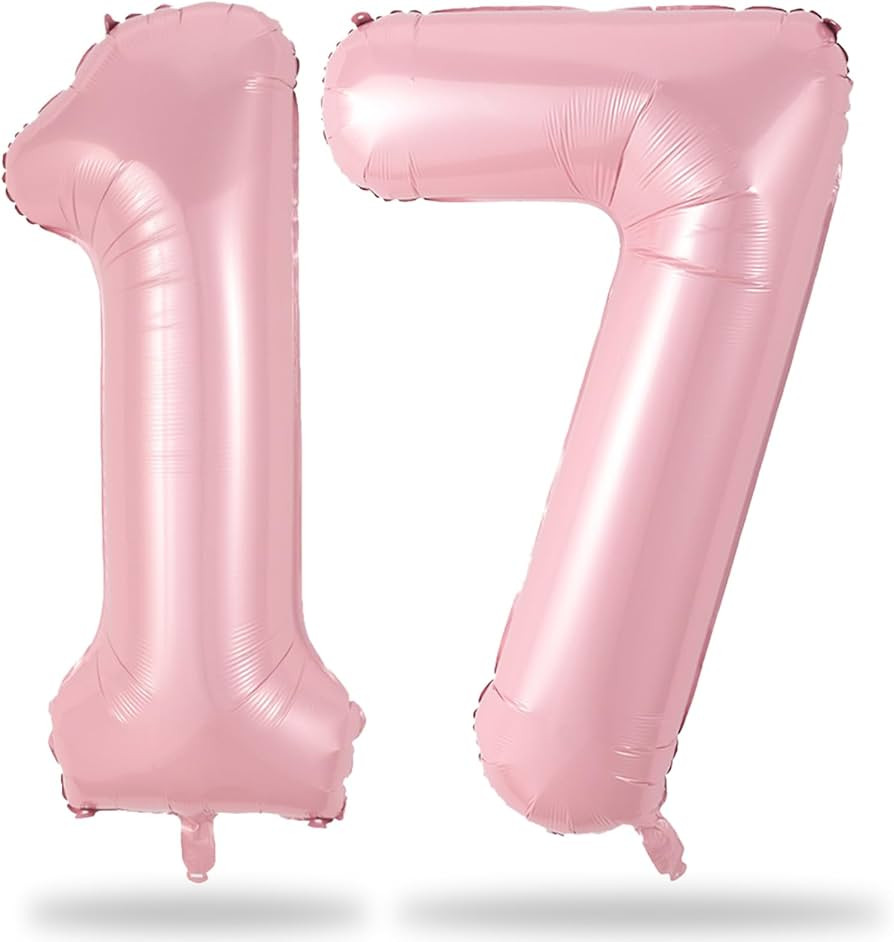 Large Light Pink 17 Balloon, Foil Number 1 & 7 Helium Balloon, 40 Inch Mylar Self Inflating Numbe... | Amazon (US)