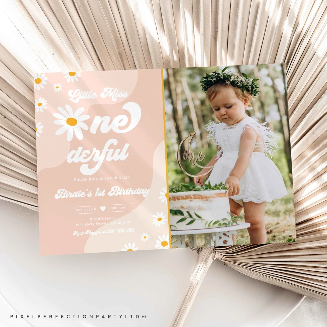 Editable Little Miss ONEderful Daisy 1st Birthday Party Invitation Boho Retro Groovy Hippie Flora... | Etsy (US)