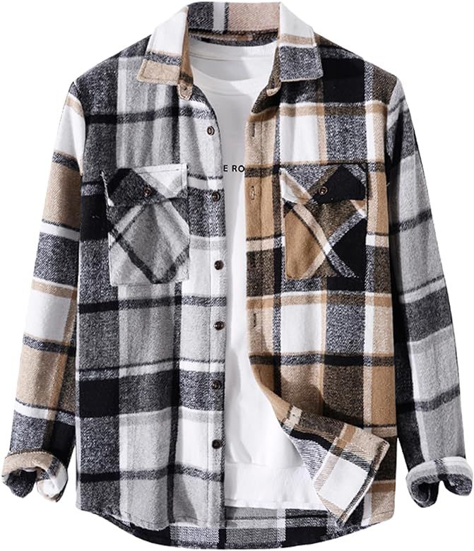 ZAFUL Mens Plaid Shirt,Long Sleeves,Classic Flannel Shirt Button Down Shirt Jacket Tops | Amazon (US)