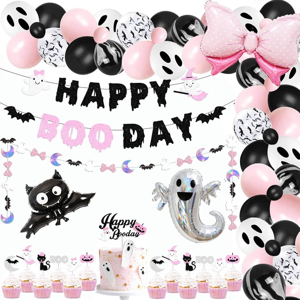 90 Packs Happy Boo Day Pink Black Halloween Birthday Party Kit Banner Cake Topper Ghost Cupcake T... | Amazon (US)