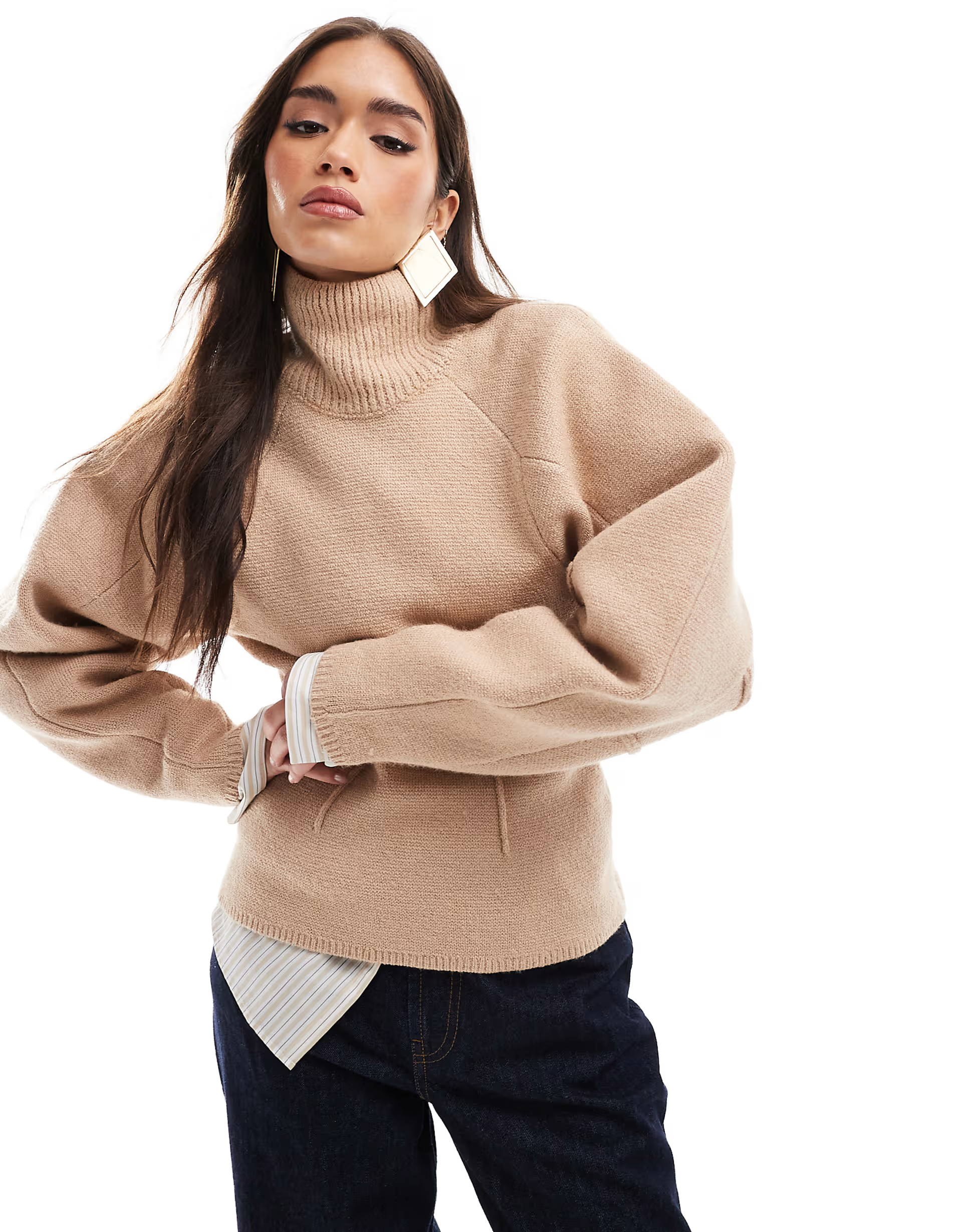 ASOS DESIGN funnel neck jumper with structured sleeve detail in camel | ASOS (Global)