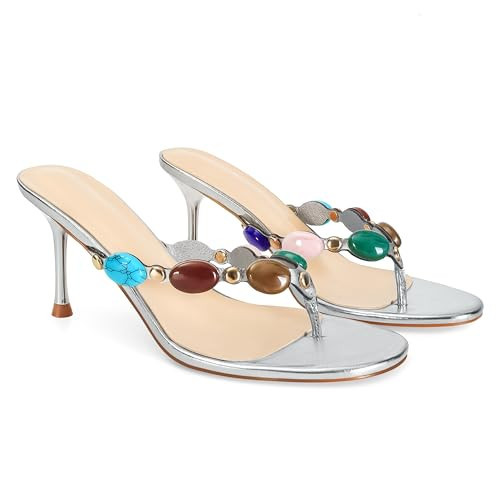 MAIJED Jeweled Flip Flop Kitten Heels for Women Open Toe Beaded Strappy High Heels Sandals Slip On Thong Heeled Mules Mid Heel Fashion Party Dress Shoes Sliver US7 | Amazon (US)
