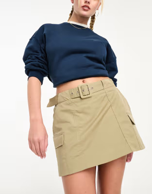 Mango belt detail cargo mini skirt in beige | ASOS (Global)