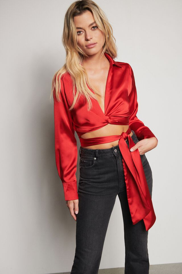 Long Sleeve Wrap Around Satin Top | Dynamite Clothing