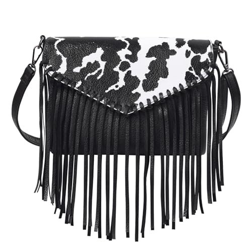 HDE Women's PU Leather Hobo Fringe Crossbody Tassel Purse Vintage Small Handbag Black Cow Print | Amazon (US)