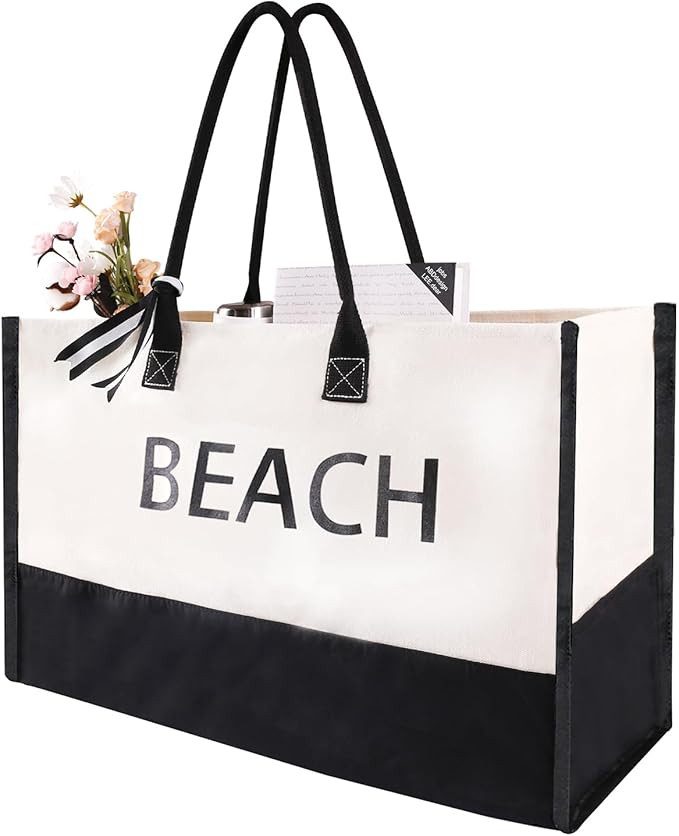Genovega Extra Large Canvas Beach Bag With 2 Side Pockets for Beach, Travel, Cruise, Shopping, Id... | Amazon (US)