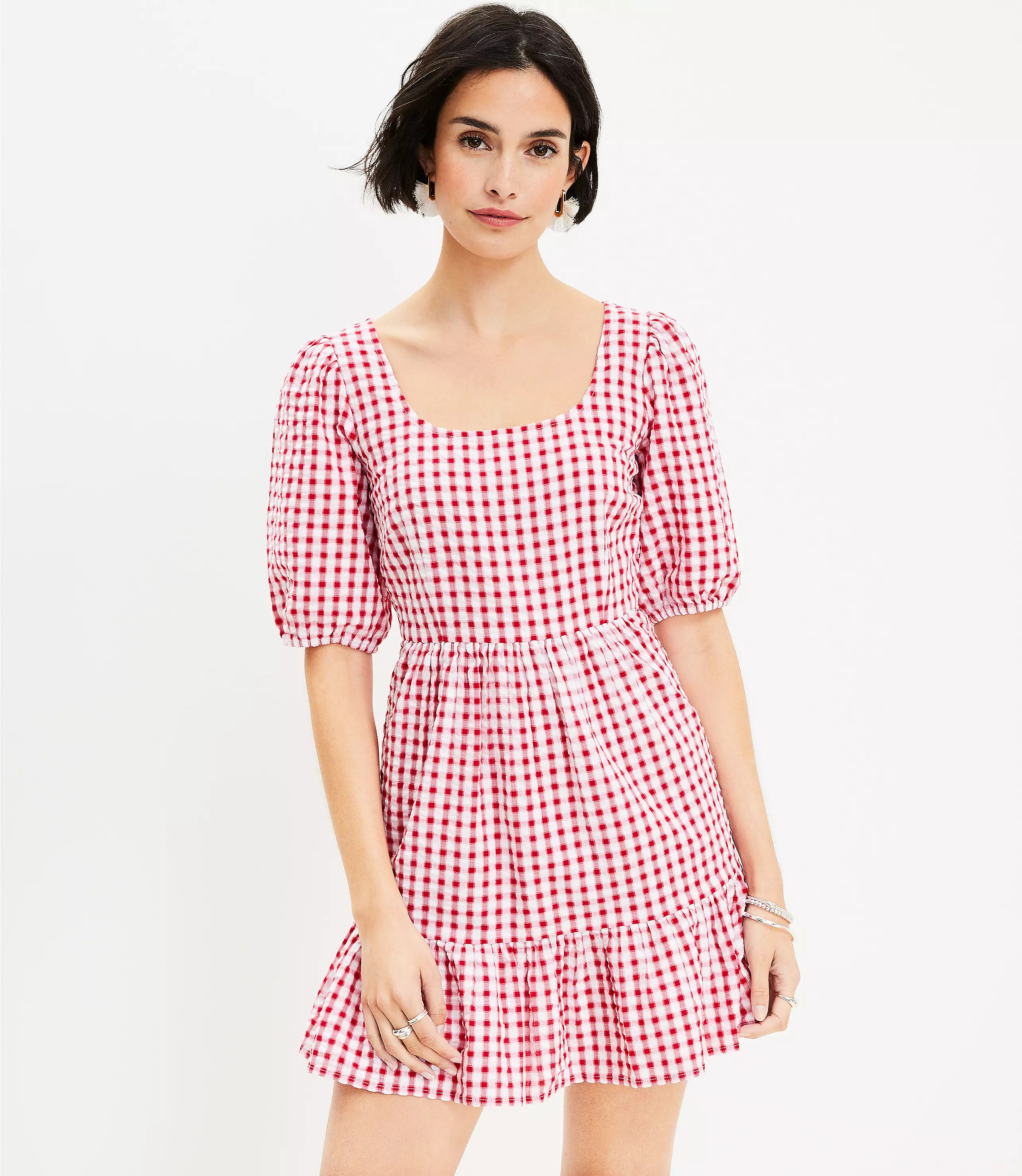 Gingham Tie Back Flounce Swing Dress | LOFT
