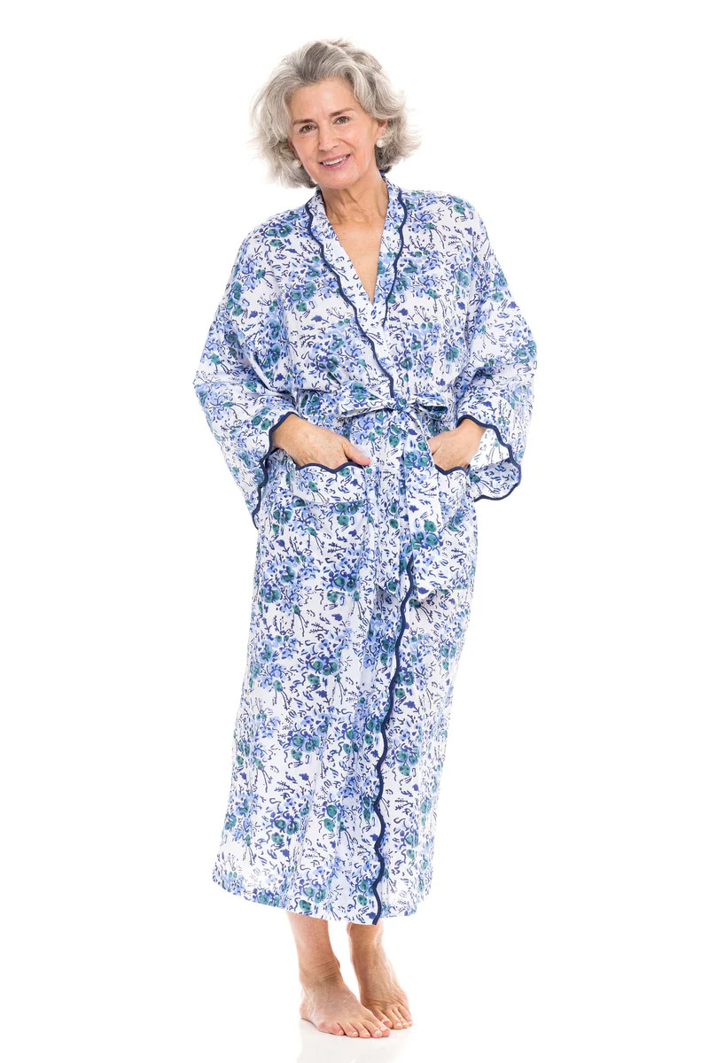 Blue Floral Print Kimono Robe with Scalloping | Heidi Carey