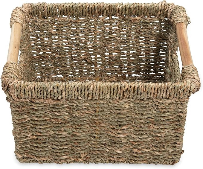 Small Wicker Basket for Bathroom - Woven Seagrass Basket with Wooden Handles for Towels, Wash Clo... | Amazon (US)