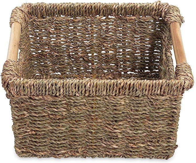Small Wicker Basket for Bathroom - Woven Seagrass Basket with Wooden Handles for Towels, Wash Clo... | Amazon (US)