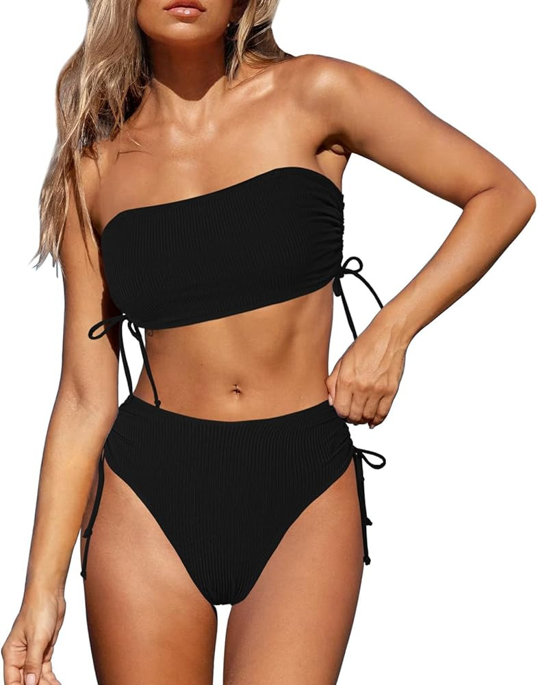 Pink Queen Women's 2 Piece High Waisted Bikini Sets Ribbed Bandeau Ruched Drawstring Swimsuit Bat... | Amazon (US)