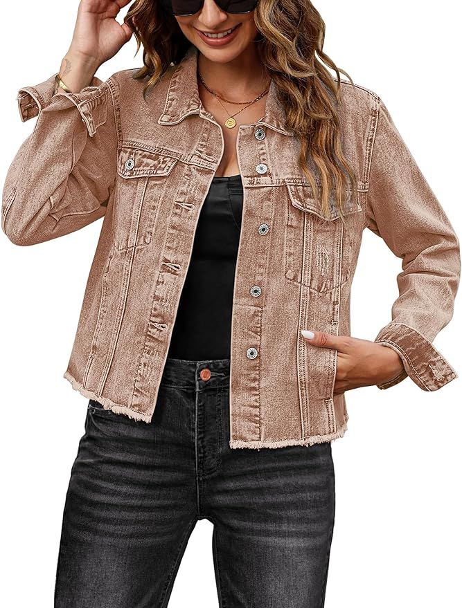 luvamia Denim Jacket for Women Distressed Jean Jackets Button Up Vintage Western Trucker Jacket F... | Amazon (US)