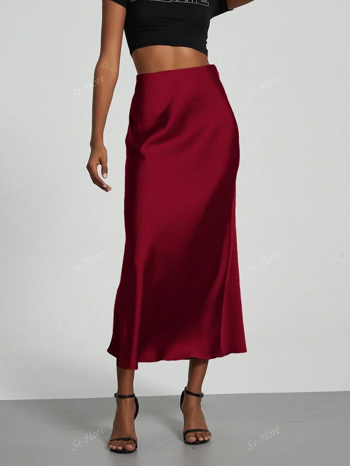Women's Simple Solid Color Elastic Satin Texture Trumpet Hem Elegant Maxi Skirt | SHEIN