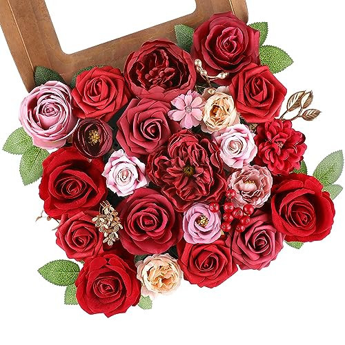 AGIRL Red Artificial Flowers Combo Fake Flowers Red Rose Silk Flowers Fake Floral Arrangements for DIY Wedding Bouquets Centerpieces Table Decor Baby Shower Home Decor | Amazon (US)