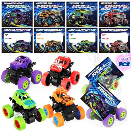 AuroTops Valentines Day Cards for Kids, 24 Pack Monster Truck Toys with Valentine Cards for Valentine School Party Favors for Kids Boys Girls Exchange Valentines Day Gifts | Amazon (US)