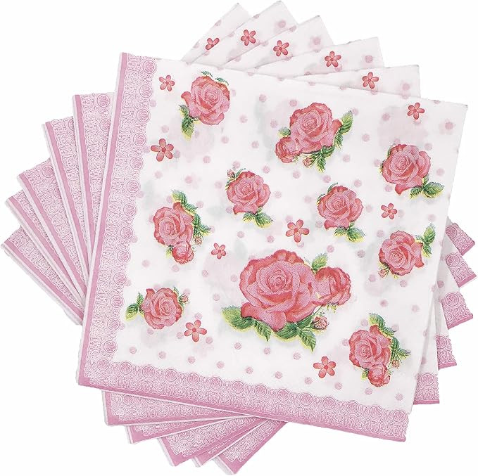 WallyE Mint Floral Pink Printed Napkins Red Rose Chintz Decoupage Paper for Bridal Shower Tea Par... | Amazon (US)