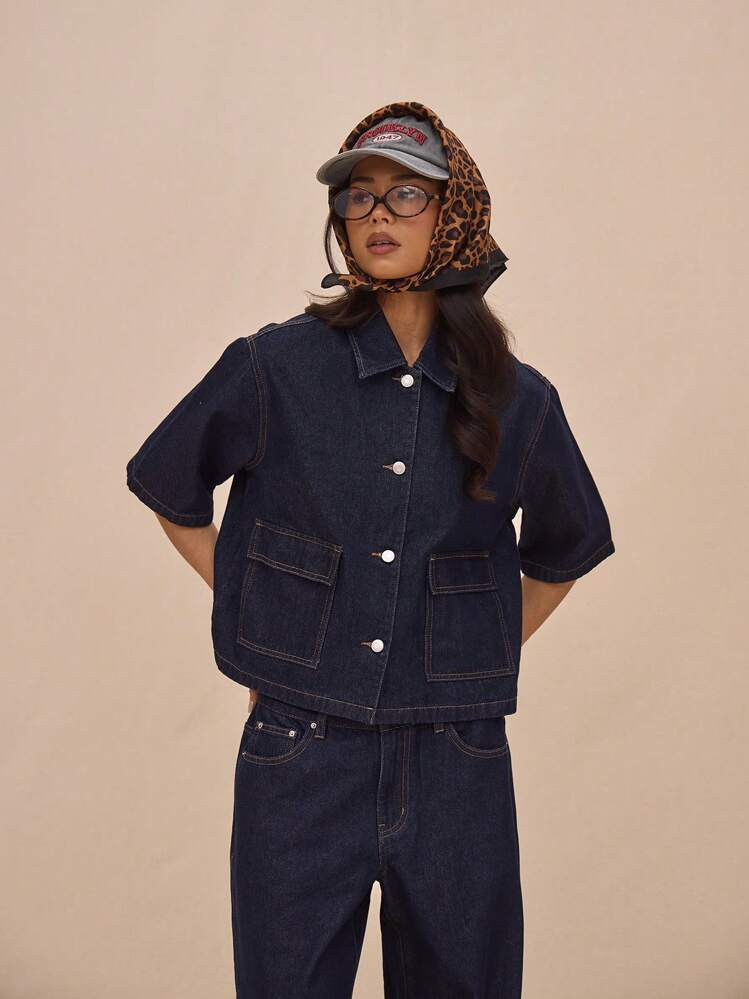 MUSERA Boxy Fit Collared Button Through Mid Sleeve Denim Top Only Summer Casual Cute Vacation The... | SHEIN