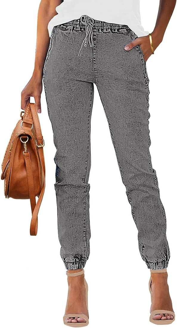 Vetinee Womens High Rise Jogger Denim Jeans Elastic Waist Drawstring Stretch Pants | Amazon (US)