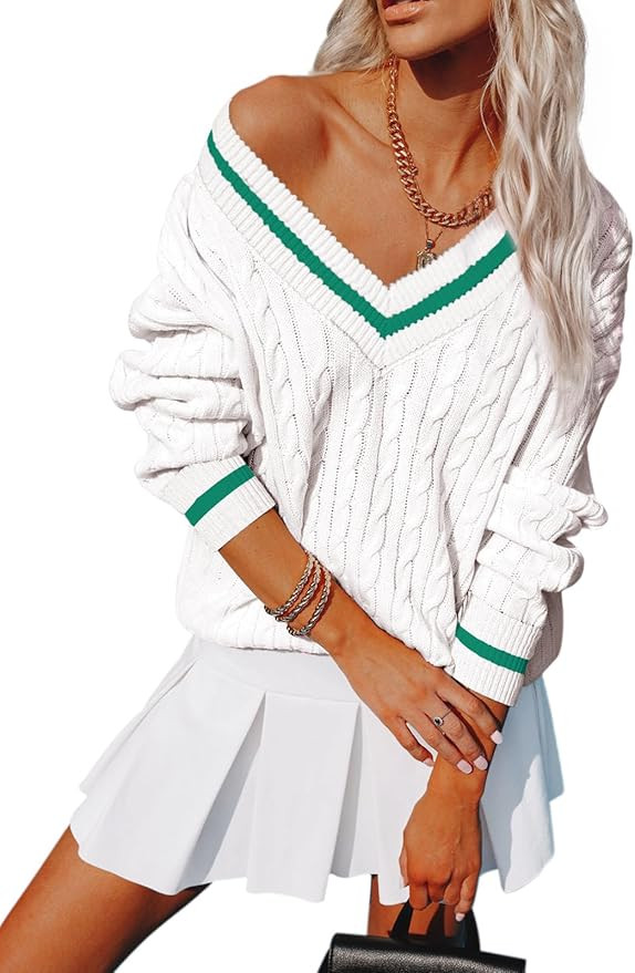 Womens V Neck Oversized Sweaters Long Sleeve Cable Knit Pullover Striped Chunky Sweater Casual Te... | Amazon (US)