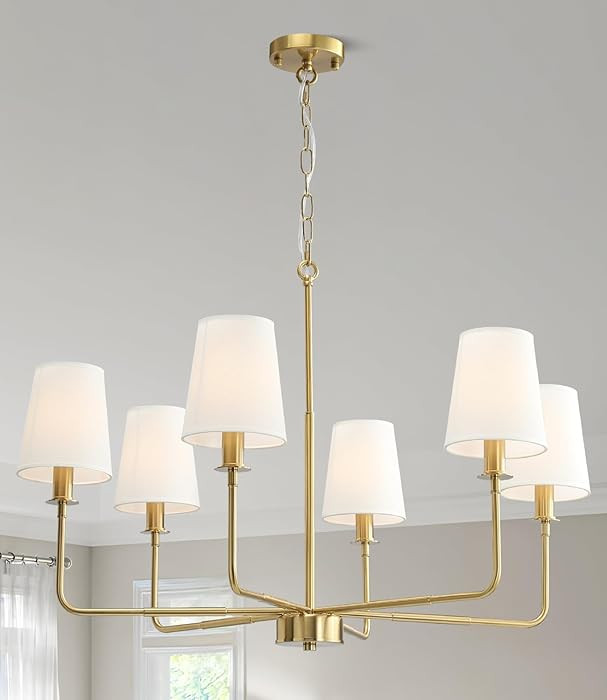 6-Light Classic Chandelier with Brushed Gold Finish & Linen Shades, E12 Base Rustic Ceiling Light... | Amazon (US)