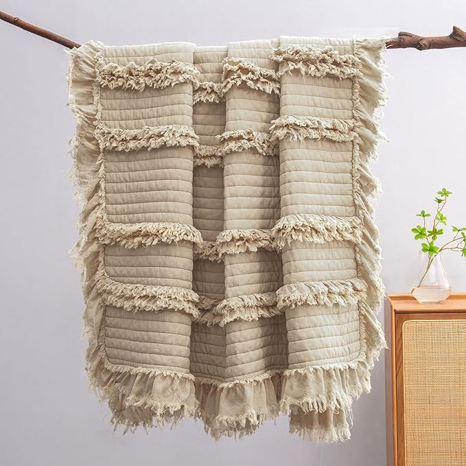 Ultra Soft Pre-Washed Quilted Boho Throw Blanket, Ruffle Fringed Beige Decorative Throw, Stone Wa... | Amazon (US)