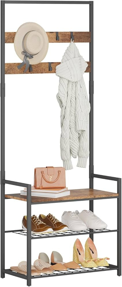 HOMEKOKO Coat Rack Shoe Bench, Hall Tree Entryway Storage Bench, Wood Look Accent Furniture with ... | Amazon (US)