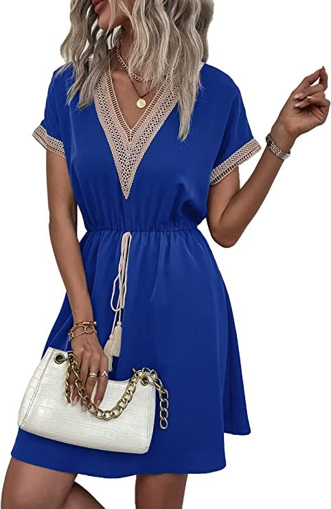 PRETTYGARDEN Women's Casual Summer Dresses Trimmed Short Sleeve V Neck Tie Front Flowy Dress | Amazon (US)