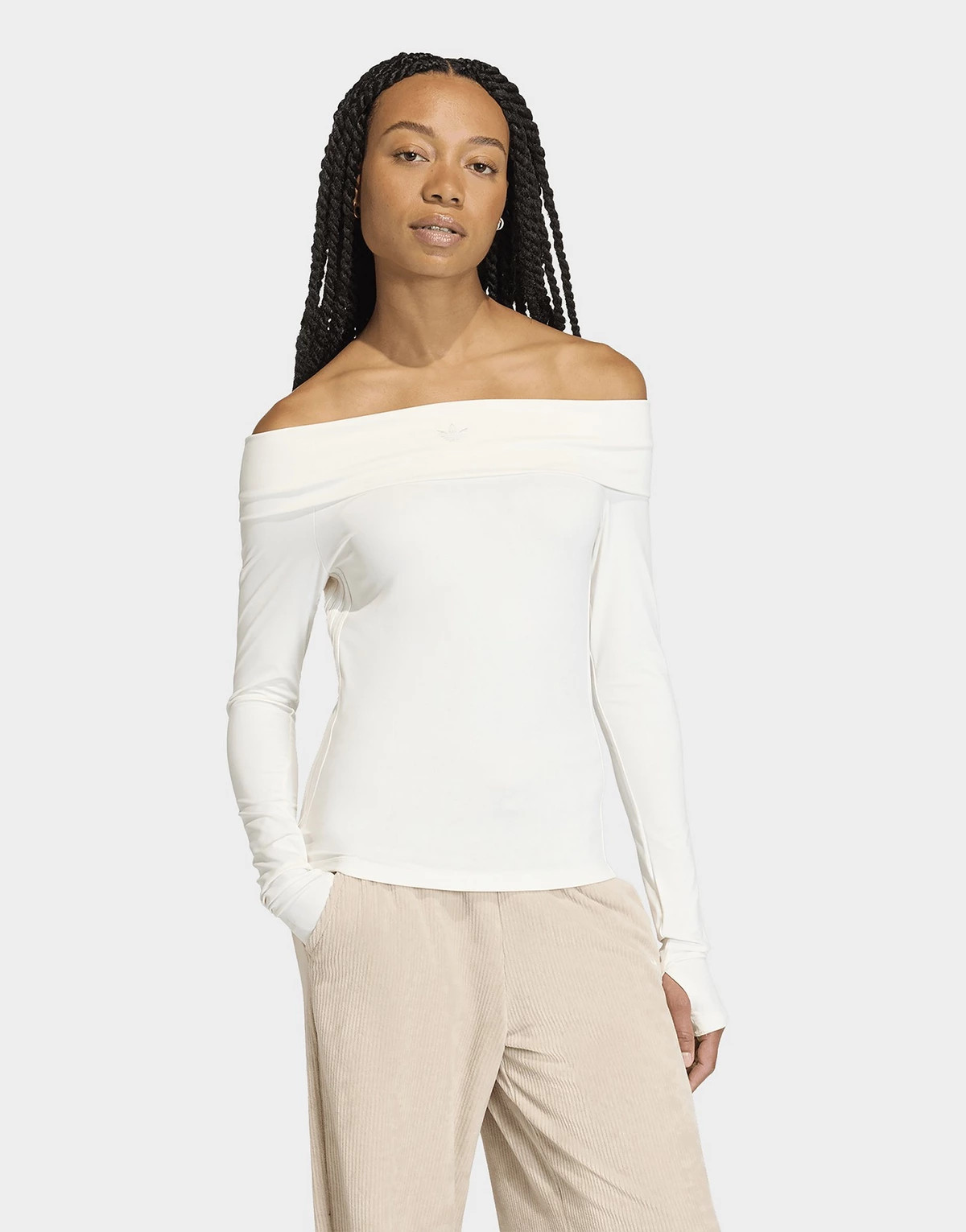White adidas Originals Off-shoulder Long Sleeve Top | JD Sports UK | JD Sports (UK)