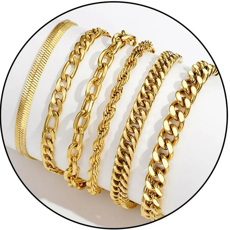 APSVO 6 Pcs Gold Bracelets for Men Boys Women Stainless Steel Cuban Rope Paperclip Figaro Chain B... | Walmart (US)