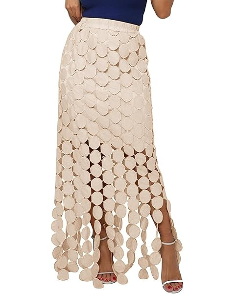 Cicy Bell Womens Hollow Out Maxi Skirts Summer High Waisted Boho Fringe Hem Long Skirt | Amazon (US)