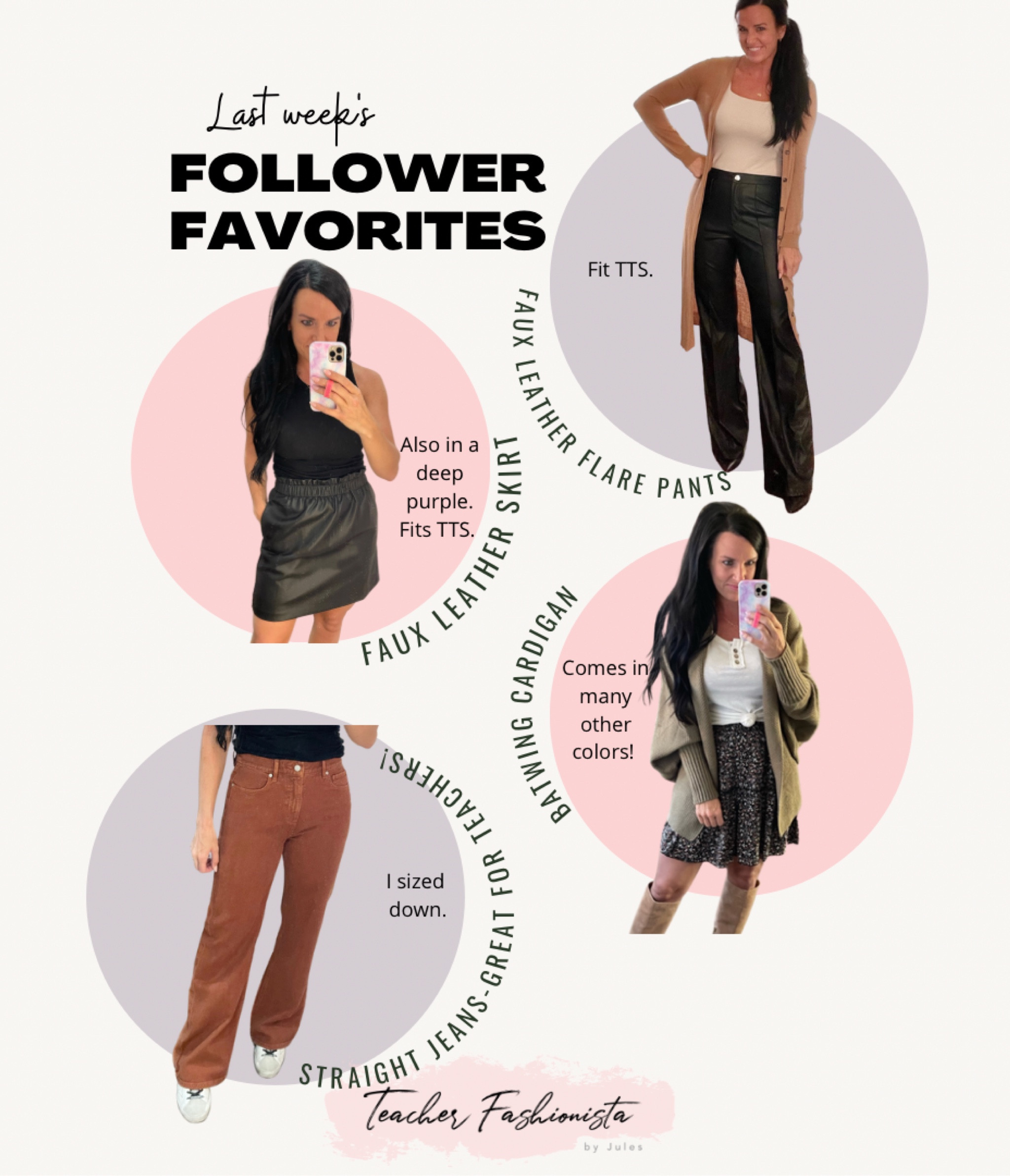 11/7-11/14 Follower Favorites:

•faux leather skirt: 40% off right now with code SHINE; comes in a deep purple color also; fit is TTS.
•faux leather flare pants: perfect for a holiday party!! They also come in a brown-copper or green; fit TTS.
•batwing cardigan: many colors! I sized up to a medium for a cozier fit; perfect for a thanksgiving outfit. 
•straight leg jeans: 50% off with code SHINE; great for teachers! Fun copper color; I suggest sizing down. 

• fall outfits • faux leather pants • Amazon • faux leather skirt • Thanksgiving outfit • Teacher outfits • cozy style • Target • Loft • Loftimist • cozy cardigan •

#founditonamazon #ltkunder100 #ltkworkwear #amazonfashion #ltkfallstyle 

#LTKunder50 #LTKHoliday #LTKsalealert