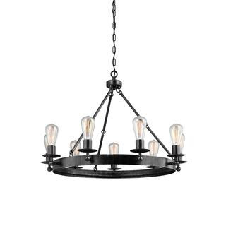 Ravenwood Manor 9-Light Stardust Rustic Black Industrial Wagon Wheel Hanging Chandelier | The Home Depot