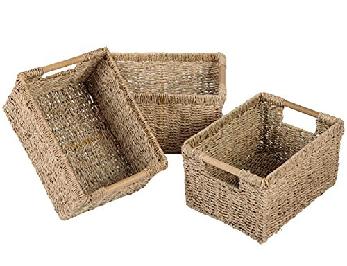Natural Seagrass Basket with Wooden Handle, Medium Rectuangular Wicker Basket for Living Room 12.2 x 8.9 x 6.7 inches - 3 Pack | Amazon (US)
