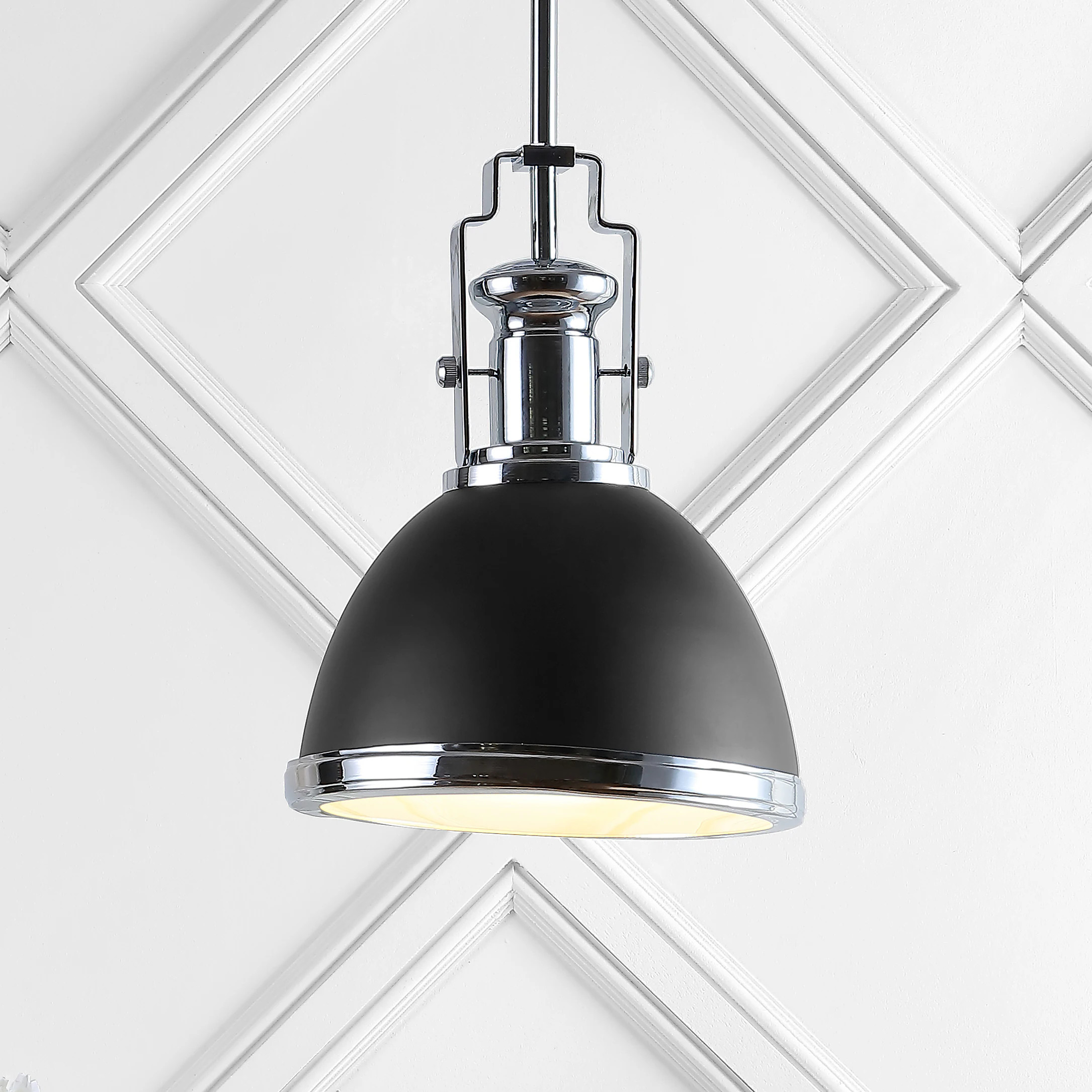 JONATHAN Y Homer 10"" Modern Industrial Iron 1 -Light Black/Luxurious Chrome French country/cottage Dome Medium Hanging Kitchen island light | Lowe's