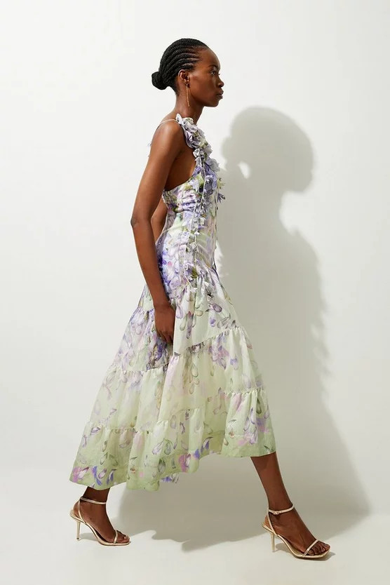 Floral Applique Woven Strappy Woven Maxi Dress | Karen Millen US
