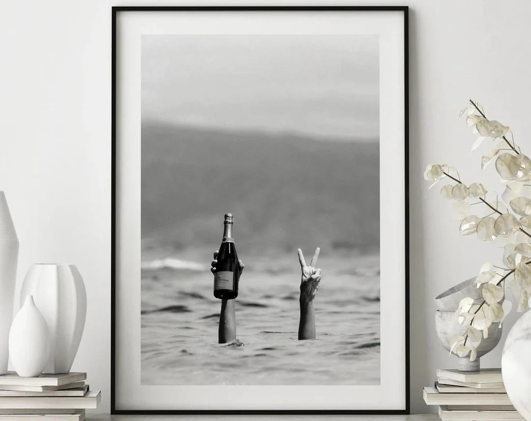Woman With Champagne on Beach Poster, Bar Print, Wine Print, Alcohol Art, Feminist Print Decor, G... | Etsy (US)