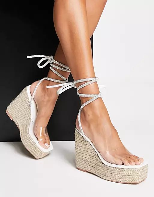 Public Desire Sunbeam espadrille wedge heeled sandals with crystal ankle tie in white | ASOS (Global)