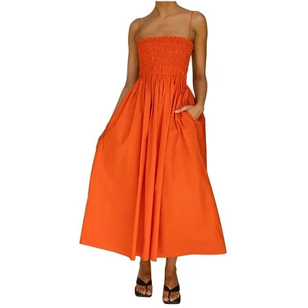 Dyegold Sundresses for Women Casual Summer - Wedding Guest Dress Womens Off Shoulder Strapless Sleeveless Ruffle Pleated Tiered A-Line Flowy Casual Maxi Dress | Walmart (US)