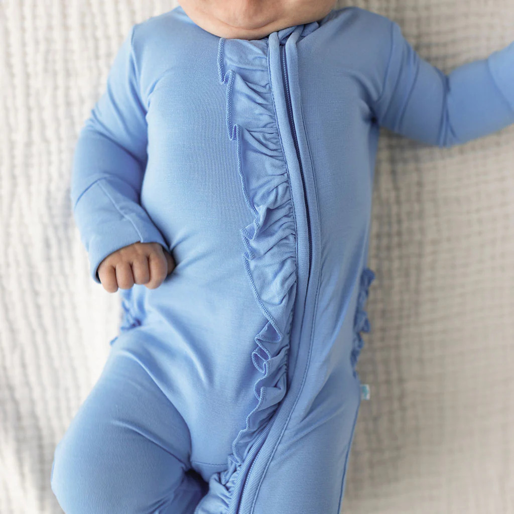 Solid Blue Long Sleeve Chatham Blue Footie Ruffled Zippered One Piece | Posh Peanut\u00ae | Posh Peanut