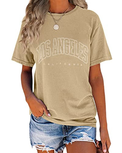 TAKEYAL Vintage Graphic Tees for Women Los Angeles Shirt for Women California Graphic Tees Short Sleeve Casual Tops (Letter Apricot, M) | Amazon (US)