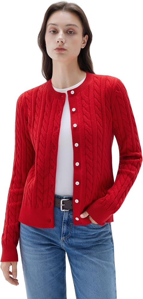 SUUKSESS Women Cable Knit Cashmere Sweaters Crew Neck Button Up Chunky Cardigan Long Sleeve Fall ... | Amazon (US)