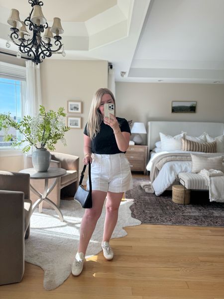 Linen white shorts for summer. Basic black tee. And beautiful shoulder bag from Madewell. MEW favorite sambas. 

Jeans, linen shorts, bag, sambas, sneakers, top, tee, tshirt, summer outfit, spring outfit, 

#LTKGiftGuide #LTKshoecrush #LTKxMadewell