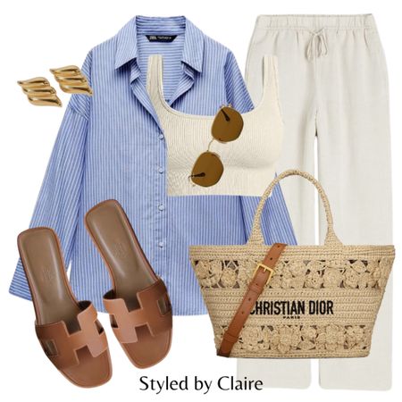 My Spring Uniform👌🏼
Tags: striped Oxford oversized shirt, linen trousers H&M, crop top Amazon, Dior straw tote bag, Hermes sandals, gold earrings, ray ban sunglasses. Fashion primavera inspo outfit ideas casual everyday style city break airport 

#LTKstyletip #LTKitbag #LTKshoecrush