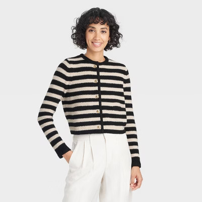 Women's Ribbed Cuff Button-Front Cardigan - A New Day™ Black Striped XS | Target