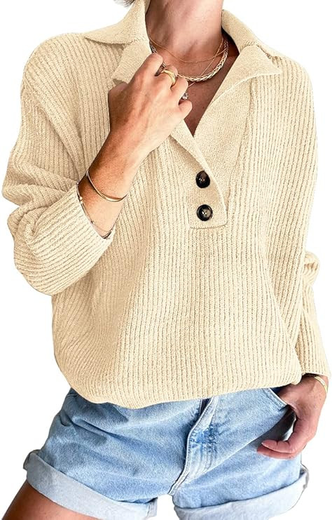 LILLUSORY V Neck Sweaters for Women 2022 Fall Snap-Buttons Pullover Knitted Sweater Foldover Coll... | Amazon (US)