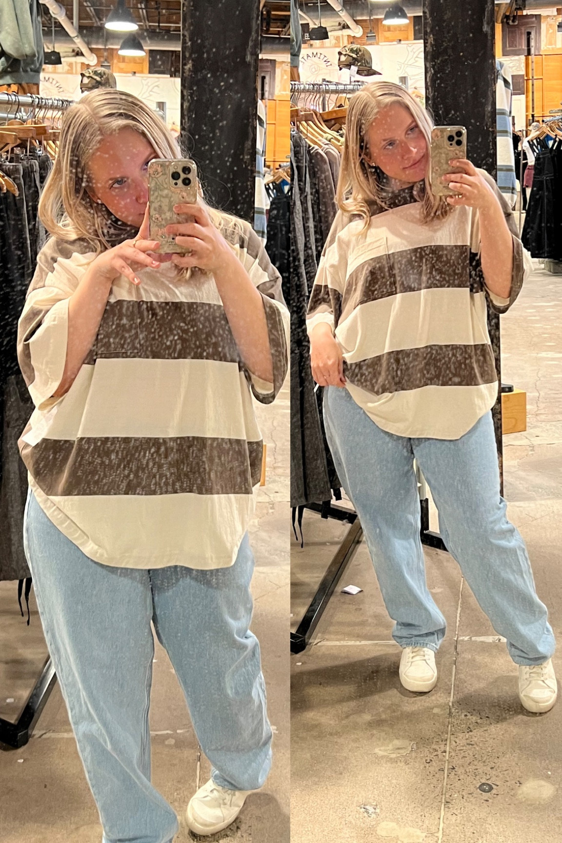 I fell in love with this boxy striped men’s tee from urban outfitters. I got a large and I absolutely love the fit. The perfect comfy oversized tee. I love the shape and how it falls. I tried a medium and didn’t like the look as much. I’m 5’2 if that info helps for your fitting. Jeans are h&m idk if they’re still available 

#LTKcurves #LTKstyletip #LTKmens